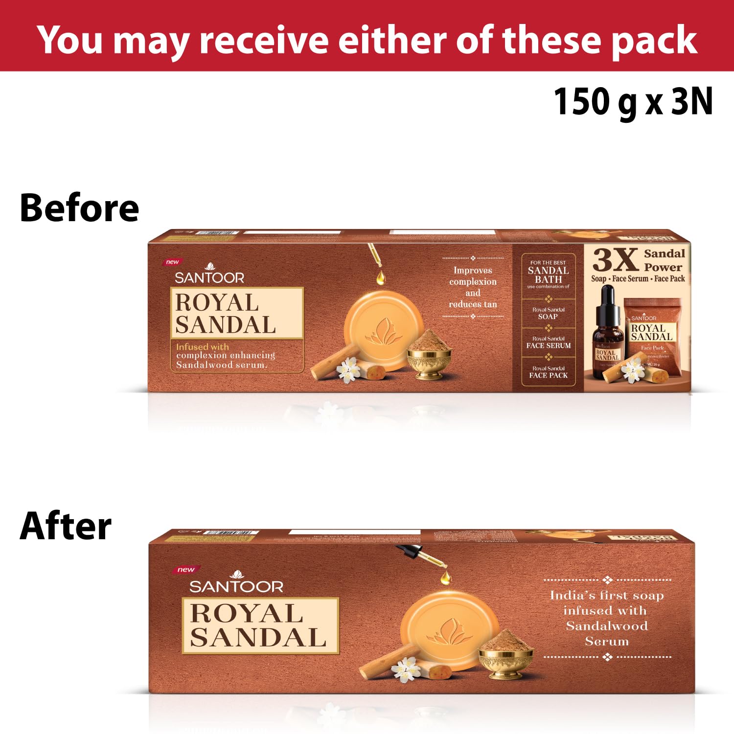 Santoor Royal Sandal Soap | Infused with Sandalwood Serum | Tan Removal | 100% Pure Sandalwood Oil & Powder | Helps Reduce Tan for Even-Toned, Glowing Skin | 150g x 3 Soaps
