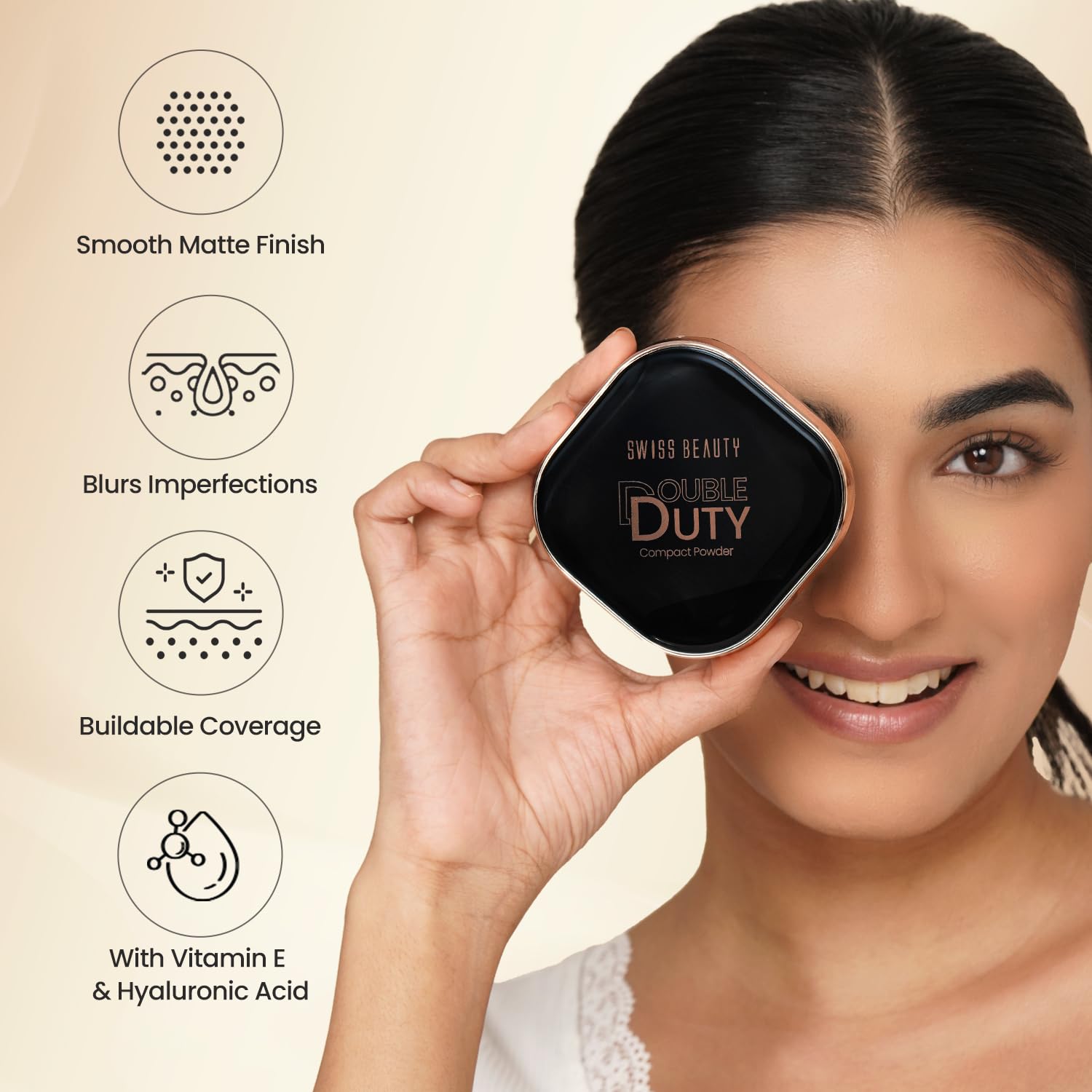 Swiss Beauty Double Duty Compact Powder | 2-in-1 Compact for Day to Night | Buildable Coverage | With Vitamin E & Hyaluronic Acid | 18g, Shade- 2. Vanilla Sand/Vanilla Glow