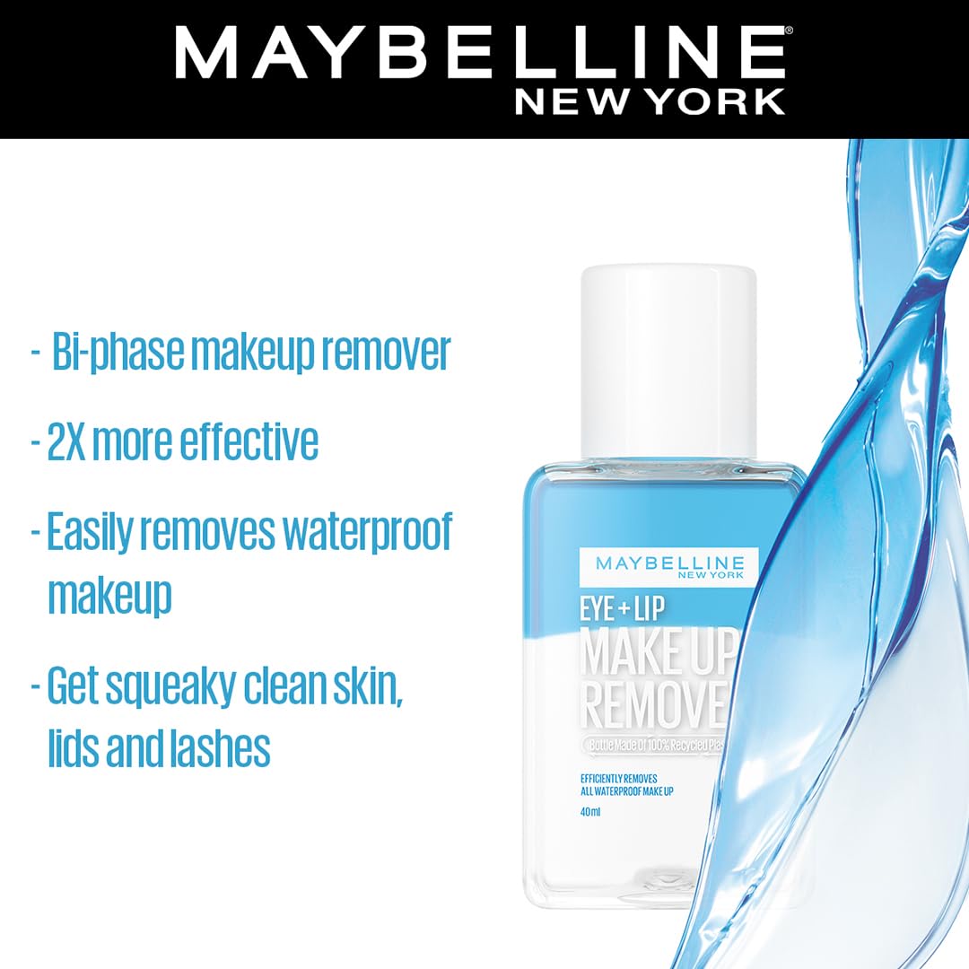 Maybelline New York Biphase Eye + Lip Makeup Remover, 2X More Effective and Fragrance Free Easy to Use Makeup Remover, Water-proof Make-up Remover With Addition of Pro-Vitamin B5 | 40 ml