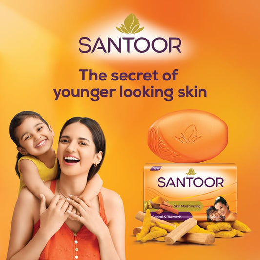 Santoor Skin Moisturizing Sandal & Turmeric Bathing Soap with Nourishing & Anti-Aging Properties| For Soft & Smooth and Younger-Looking Skin| For All Skin Types| Pack of 4, 100g