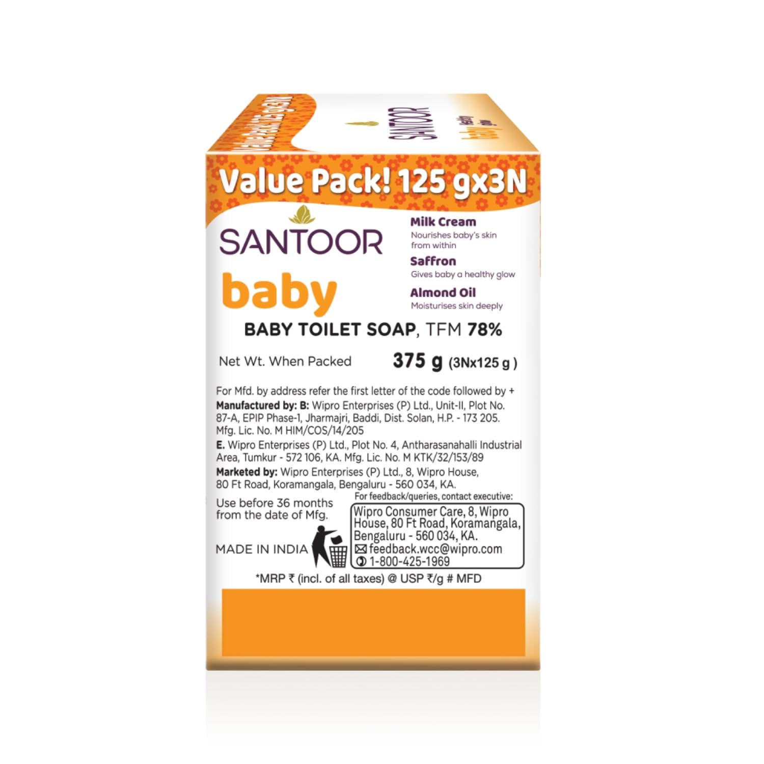 Santoor Baby Bathing Bar Soap with Milk Cream, Saffron, & Almond Oil for Soft & Supple Skin| Gentle & Rich Lathering Formula with Mild Fragrance| 125gx3