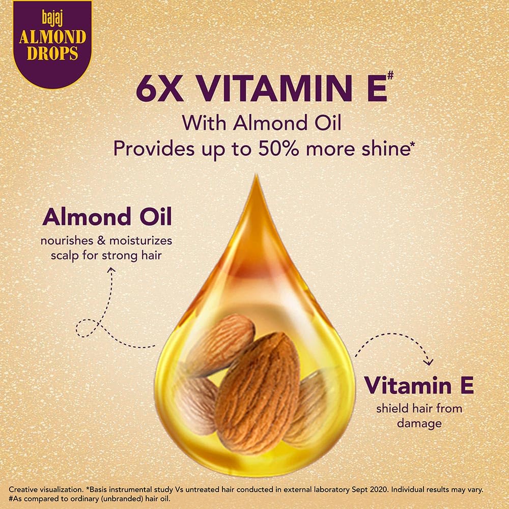 Bajaj Almond Drops Hair Oil, 190ml | 6X Vitamin E Nourishment | Light and Non-Sticky Hair Oil For Hair Fall Control
