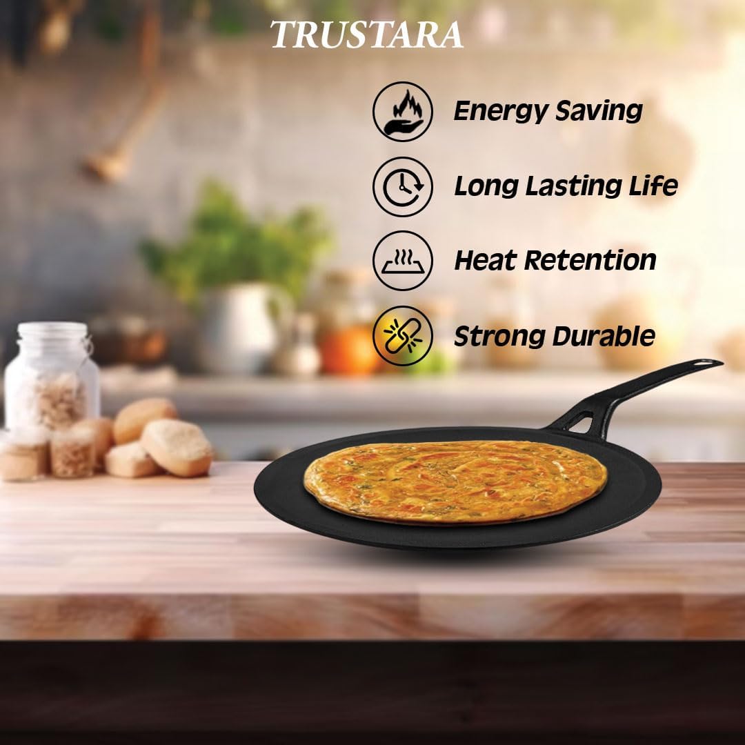 Pre-Seasoned Cast Iron Roti, Chapati Tawa, Dosa Tawa with Handle, Dosa Kallu,Tawa Pan, Cast Cookware, Toxin-Free, No Chemical Coating, Black -(26cm/10inch)-A3