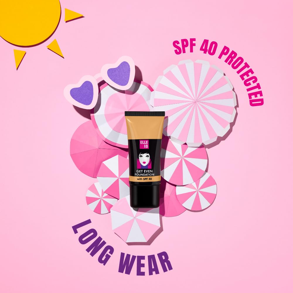 ELLE 18 Get Even Foundation, Natural Marble, Matte Finish, 27 ml, for Long-Lasting Radiance, with SPF 40 & Vitamin E, Medium to Buildable Coverage, Moisturising Formula, 27 ml