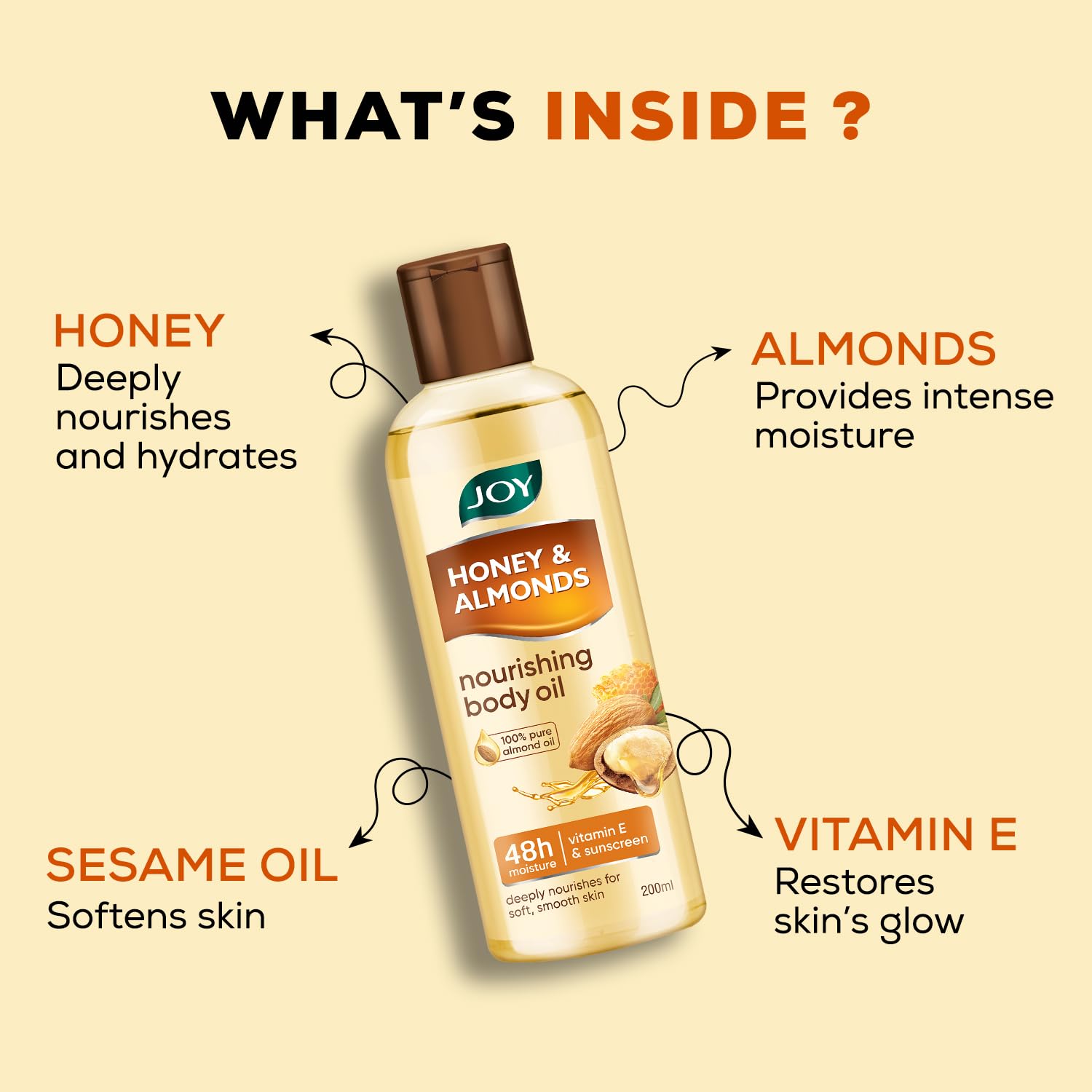 Joy Honey & Almonds Body Oil – After-Bath Daily-Use Badam Massage Oil with Vitamin E & Sunscreen | Full-Body Relaxation, Dry-Skin & Winter Moisture | 200 ml