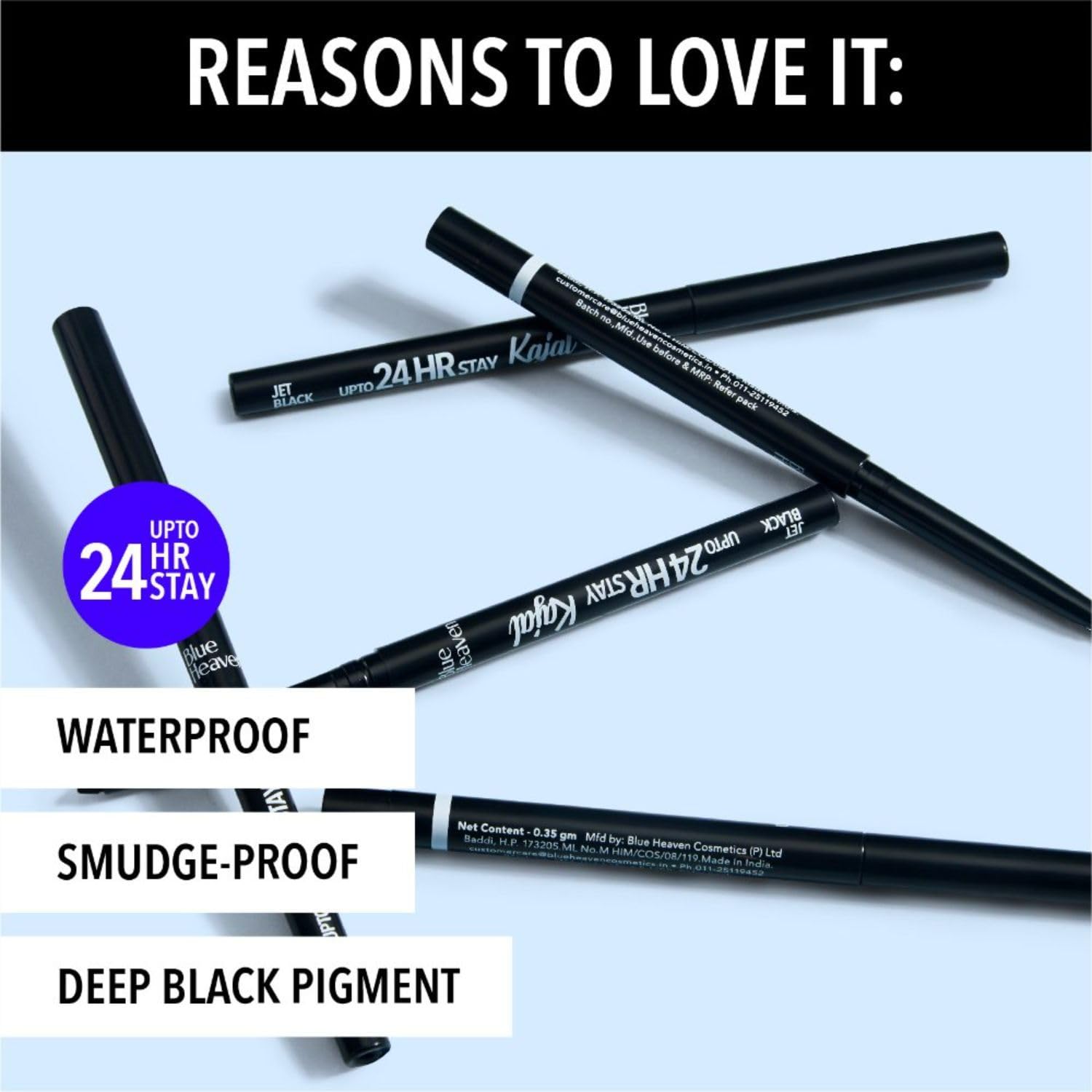 Blue Heaven 24HR Stay Kajal | Jet Black for Women | Smudge Proof Long Lasting | Eye Makeup Kajal Pencil | 0.30g