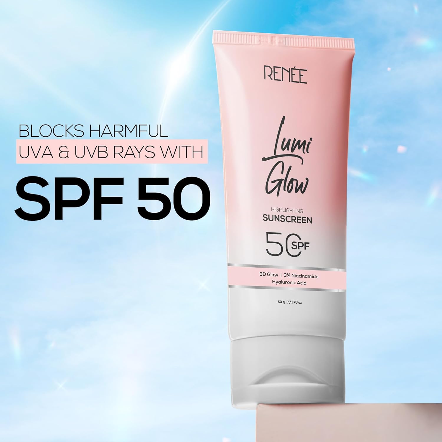 RENEE Lumi Glow Highlighting Sunscreen with SPF 50 | In-Vivo Tested | With Niacinamide & Hyaluronic Acid | Lightweight & Non-Sticky | No White Cast | Protects against UVA-UVB | Radiant Finish | 50g