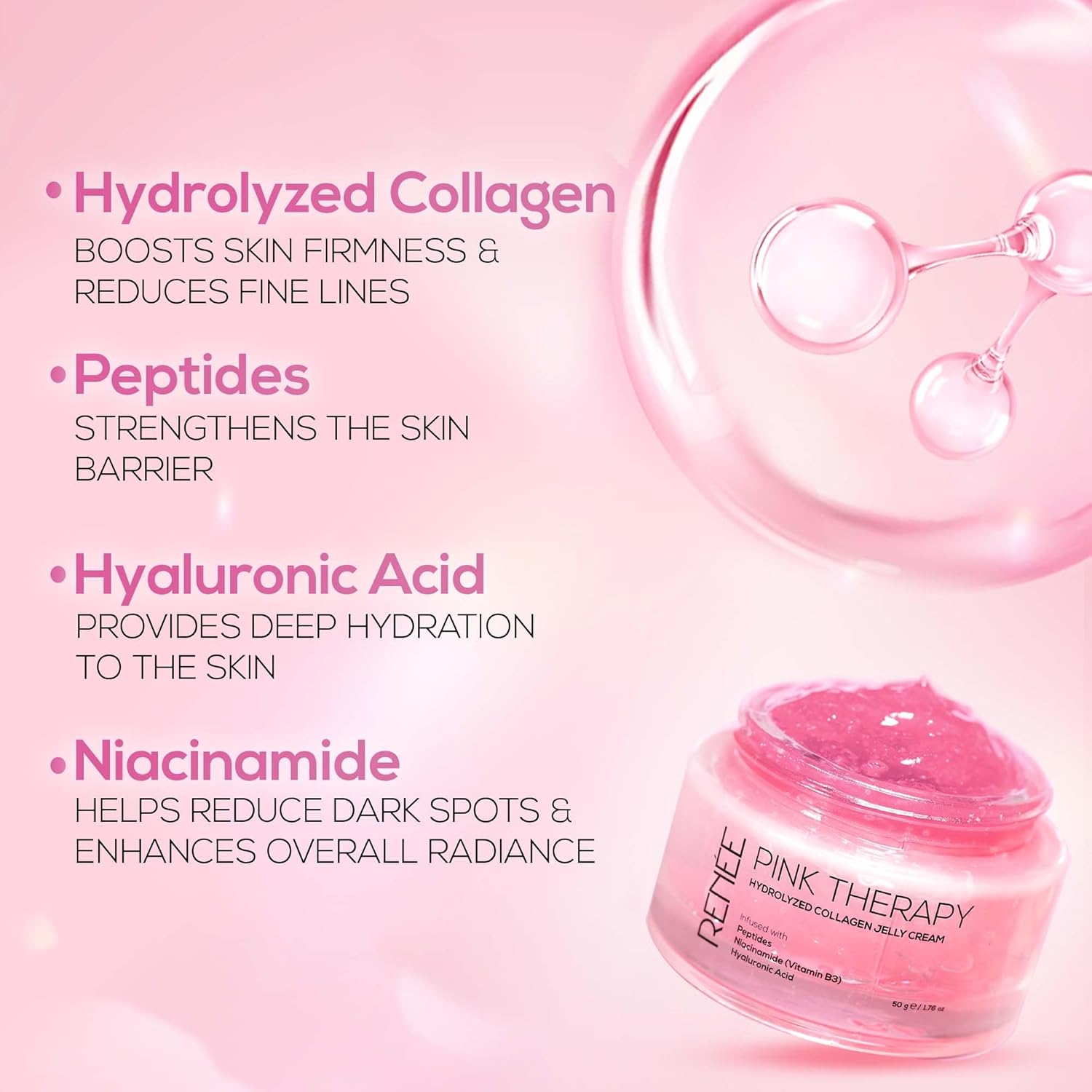 RENEE Pink Therapy Hydrolyzed Collagen Overnight Sleep Jelly Mask | Hydrates, Repairs, Smoothens & Plumps Skin | Peptides, Niacinamide & Hydrolyzed Collagen Enriched | 50 gm