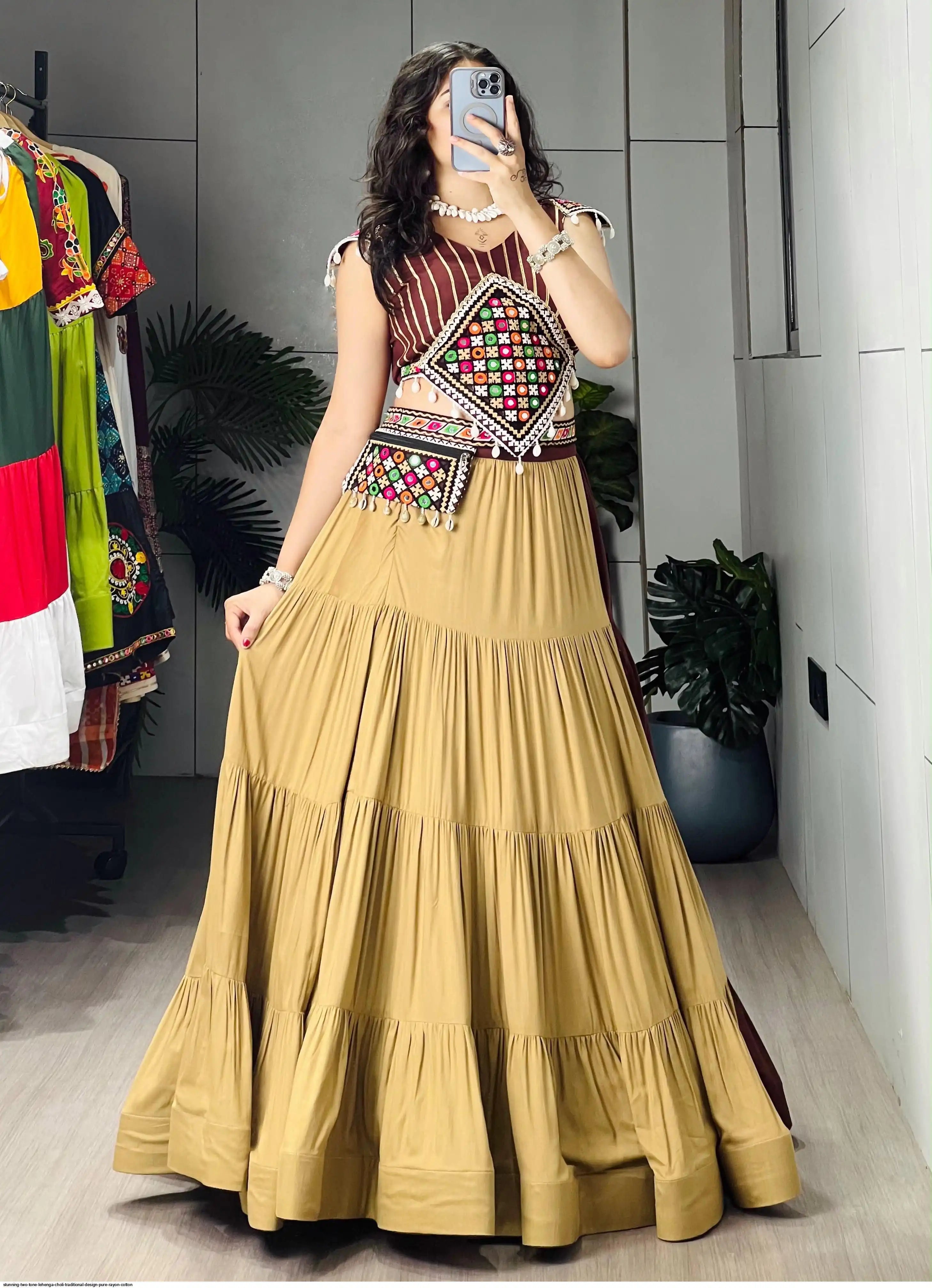 STUNNING TWO TONE LEHENGA CHOLI TRADITIONAL DESIGN PURE RAYON COTTON SIZE 40