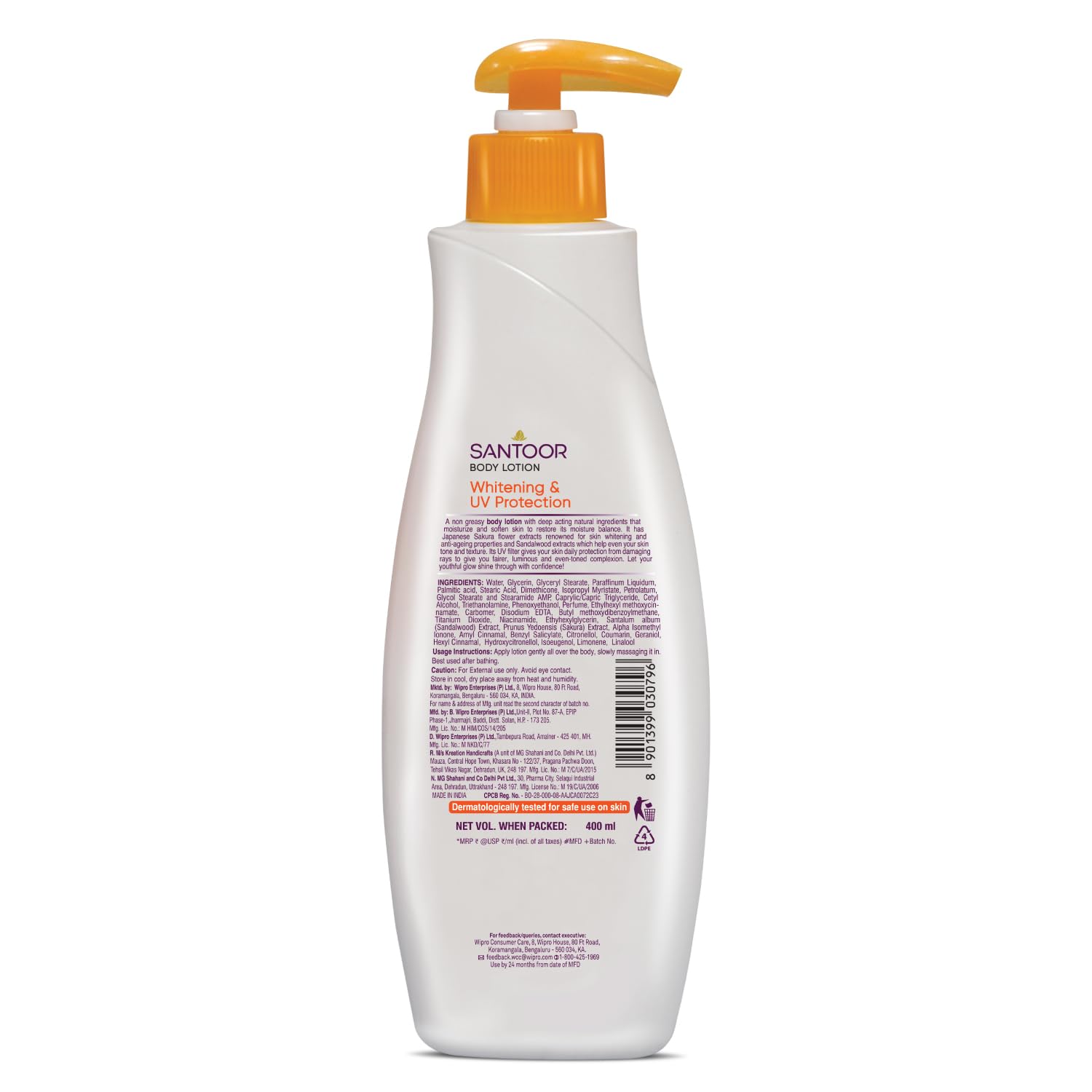 Santoor Perfumed Body Lotion with Sandalwood & Sakura Extracts for Skin Whitening & UV Protection| Deep Moisturization & Sunburn Reduction| Non-Greasy Lotion For Normal Skin| 400ml
