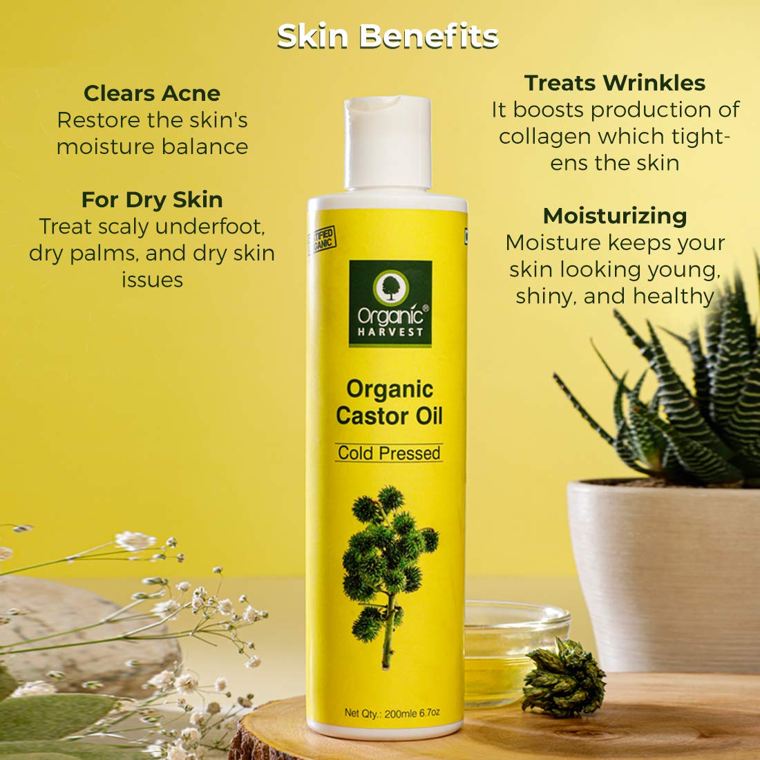 Organic Harvest Cold Pressed Castor Oil, For Moisturizing Skin, Hair & Nail Growth, Eyelash Thickening, 100% Pure, 100% Organic, Sulphate And Paraben Free – 200 ml