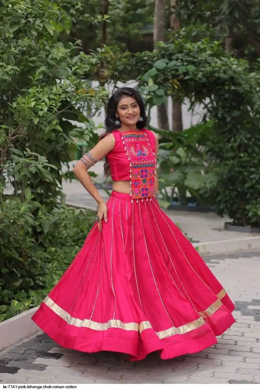 LW 7141 PINK LEHENGA CHOLI ROMAN COTTON