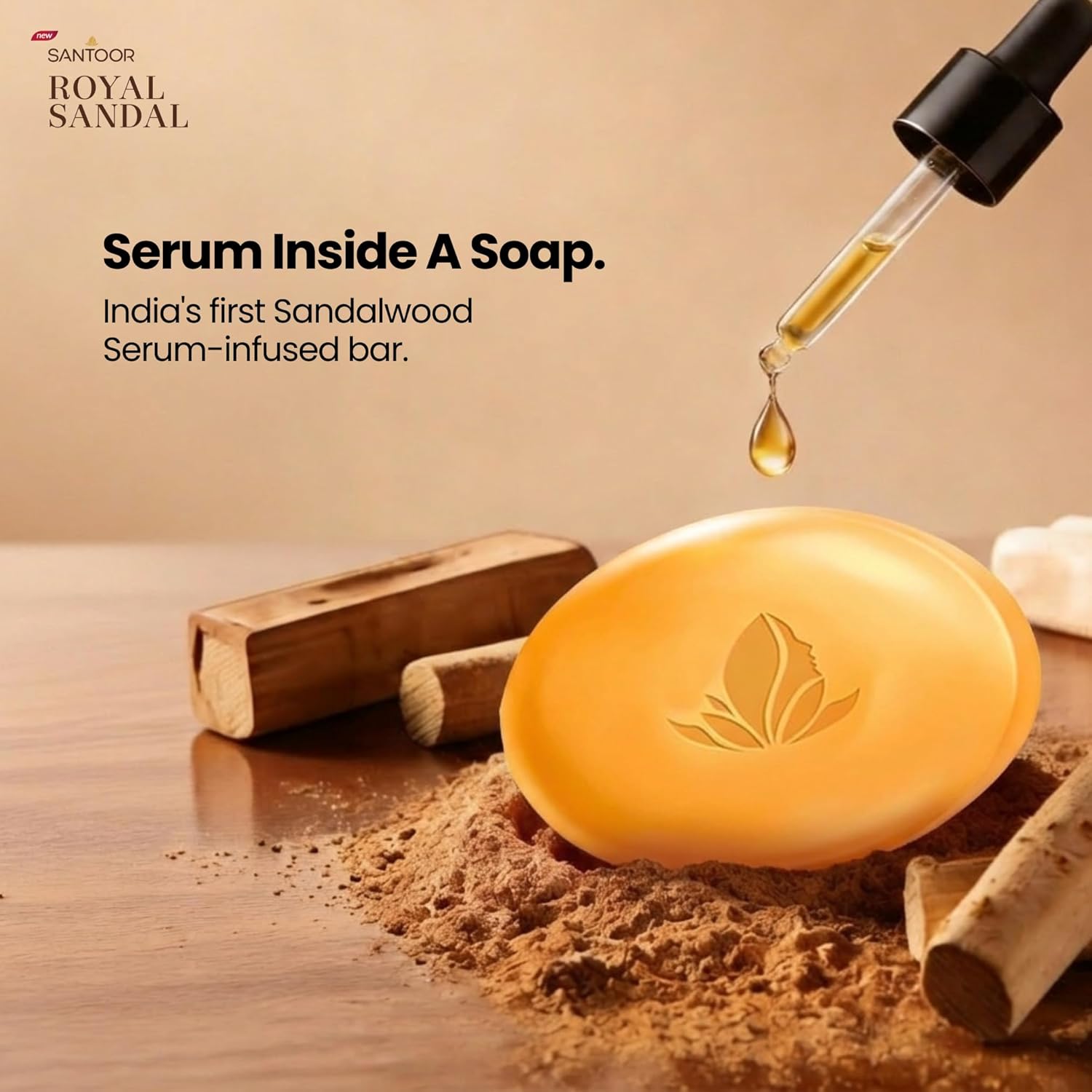 Santoor Royal Sandal Soap & Face Serum | Infused with Sandalwood Serum | Tan Removal | 100% Pure Sandalwood Oil & Powder | Helps Reduce Tan for Even-Toned, Glowing Skin | 125g x 6 Soaps + 15ml Serum