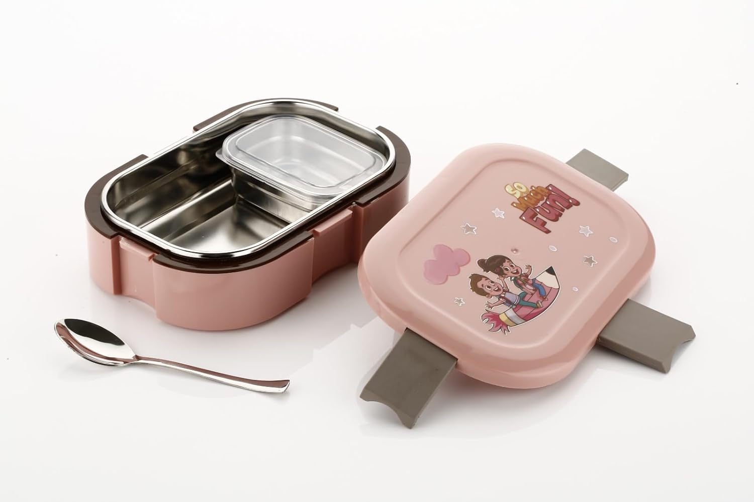 Stainless Steel Tiffin Lunch Box with 4 Side Clip Lock Lid, 2 Compartment Leakproof Food Grade Steel Container for Office, Kids School and Travel (Pink)