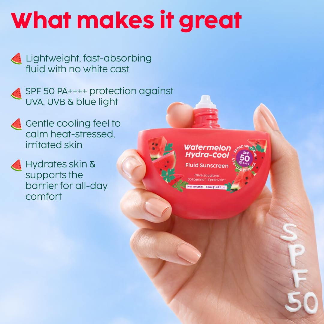PLIX – The Plant Fix Watermelon Hydra-Cool Fluid Sunscreen with SPF 50 | PA++++ | Soliberine®, Pentavitin® & Watermelon Extract | Lightweight, Cooling & No White Cast | 50ml