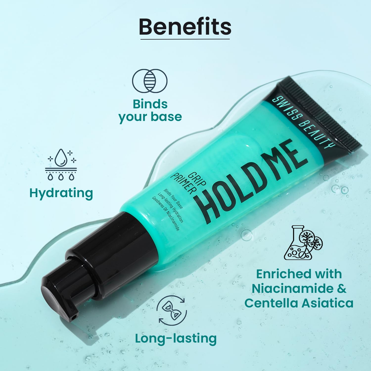 Swiss Beauty Hold Me Grip Primer | Hydrating | Grippy Gel Formula | Sweat-Resistant & Humidity-Proof | Enriched with Niacinamide & Centella | Long-Lasting Base | 24ml