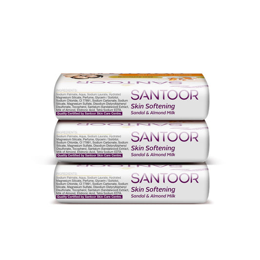 Santoor Skin Softening Sandal & Almond Milk Bathing Soap with Nourishing & Anti-Aging Properties| For Smooth & Soft and Younger-Looking Skin| For All Skin Types|150G X3