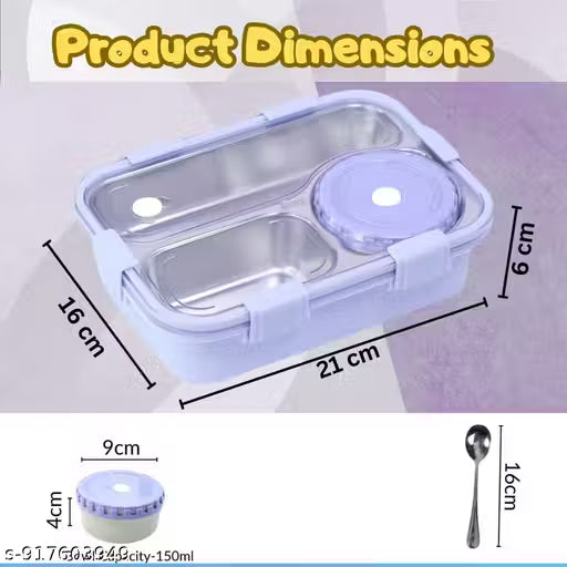 Bento Lunch Box Insulated Air Tight Portable Lunch Box with Spoon, Stainless Steel Lunch Box with Containers, Steel Bento Box for Kids, Adults, Men, Women - 750 ML (Purple)