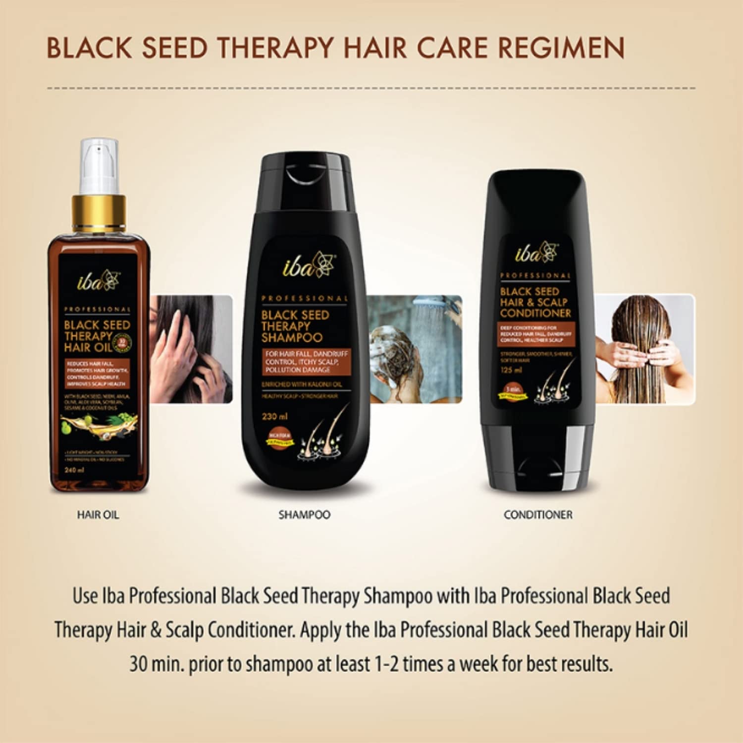 Iba Black Seed Therapy Shampoo, Conditioner, Hair Oil Combo (230 ml + 125 ml + 240 ml)