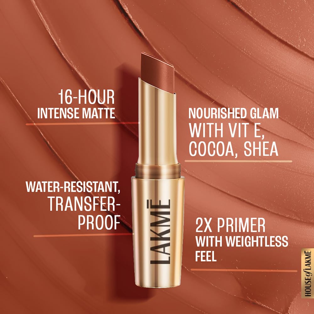 LAKME Powerplay Priming Matte Lipstick, Smooth Matte Finish, Lightweight Lipstick, Smudgeproof, Lasts 16hrs, Hydrates Lips, Caramel Latte, 3.6g