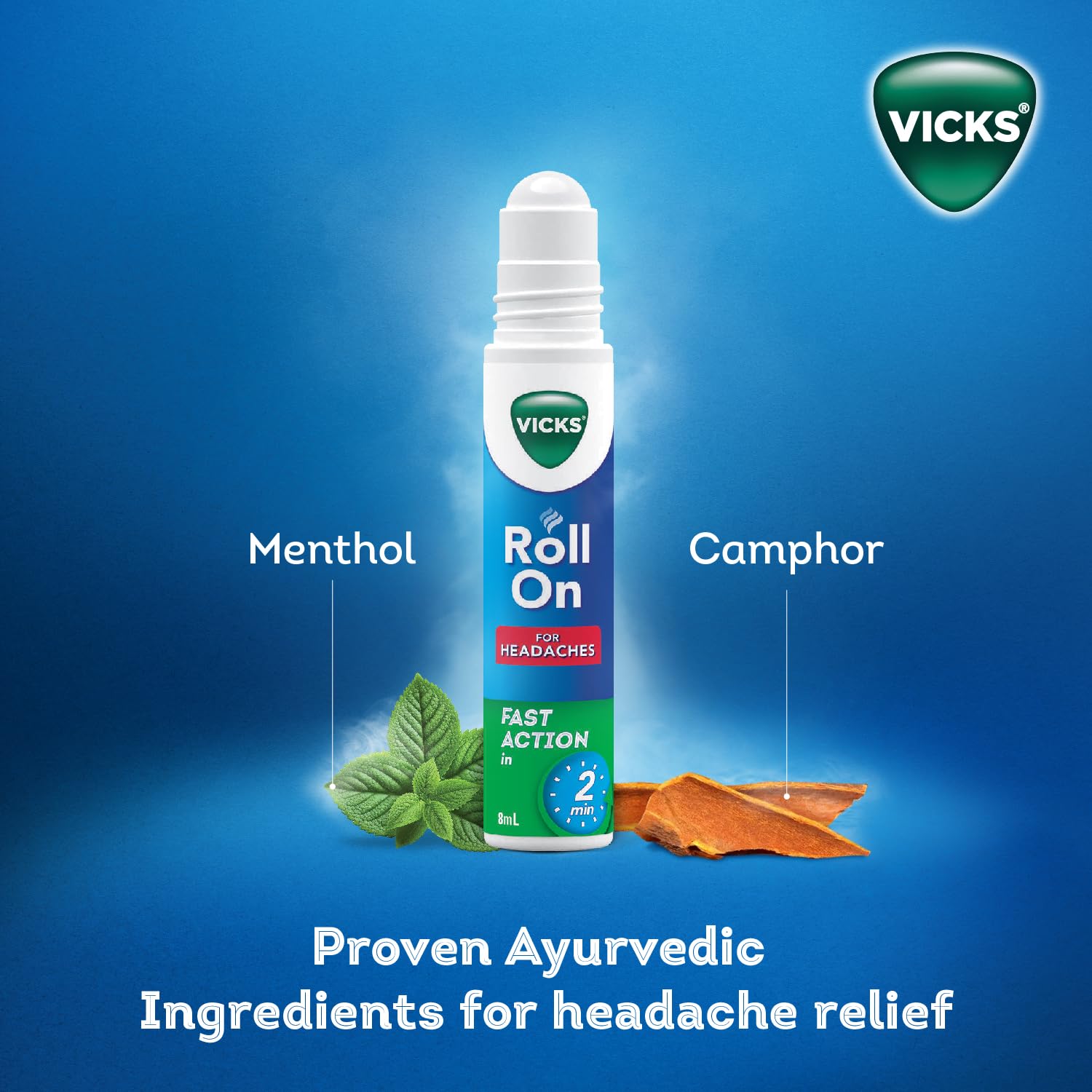 Vicks Headache Relief Roll-On, 2s Pack, Fast Action in 2 Minutes, with Menthol & Camphor