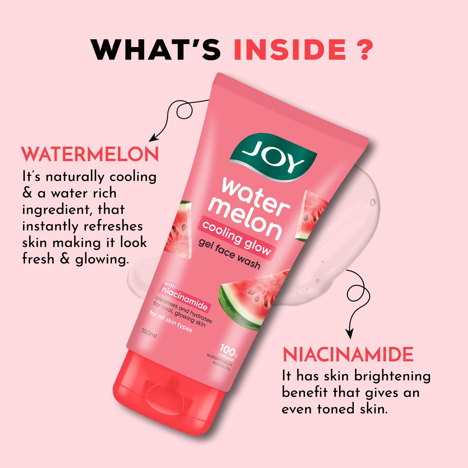 Joy Watermelon Cooling Glow Gel Face Wash with Niacinamide & Glycerine | Hydrating Daily Facial Cleanser for Glowing Skin | Removes Dirt, Oil & Impurities | For All Skin Types | 150ml