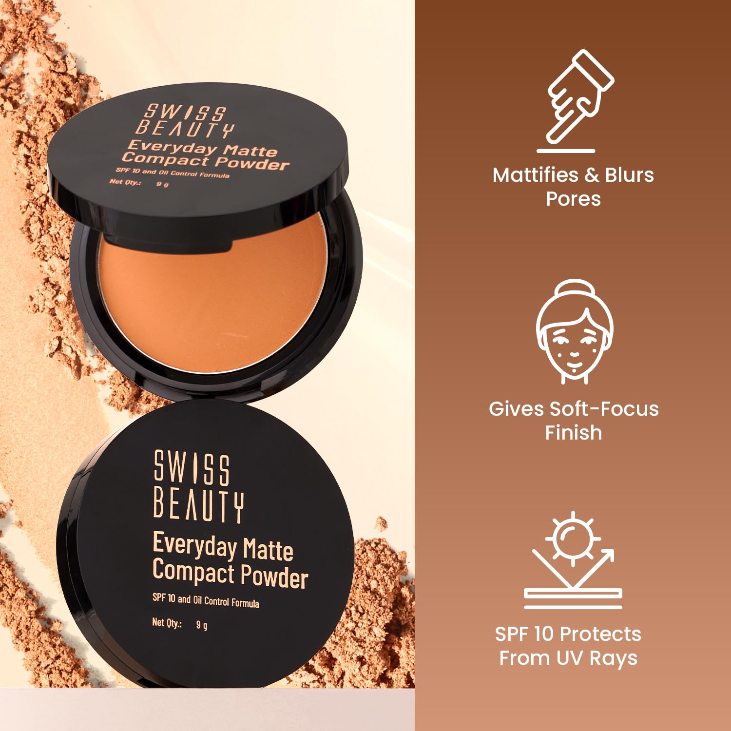 SWISS BEAUTY All Everyday Matte Compact with SPF 10 | Oil-Control Formula | Blurs Pores | Soft-Focus Finish | Enriched with Vitamin E | Shade- 06 Hazel, 9g