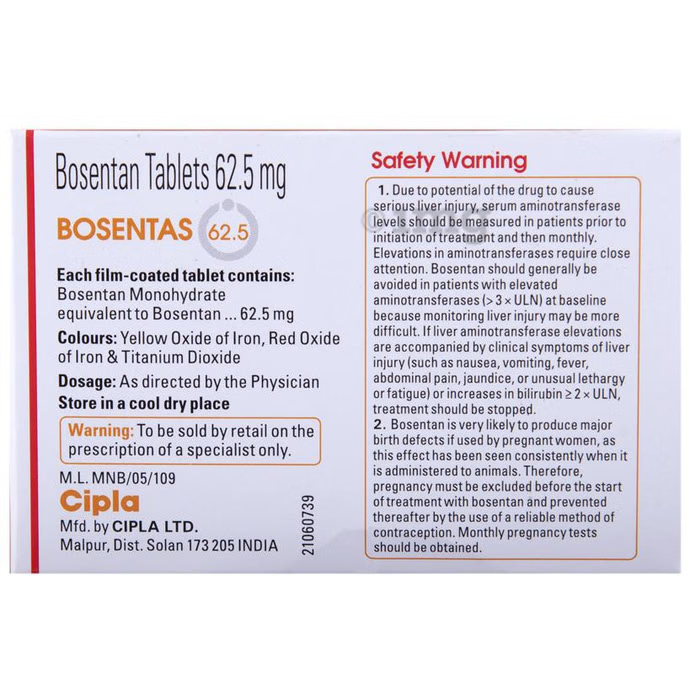 Bosentas 62.5mg Tablet – 10 Tablets For Pulmonary arterial hypertension (PAH)