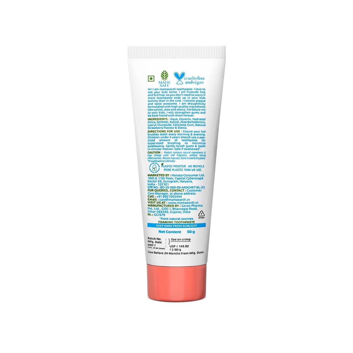 Mamaearth 100% Natural Berry Blast Kids Plaque Removal Toothpaste 50 Gm, Fluoride Free, SLS Free, No Artificial Flavours, Best for baby