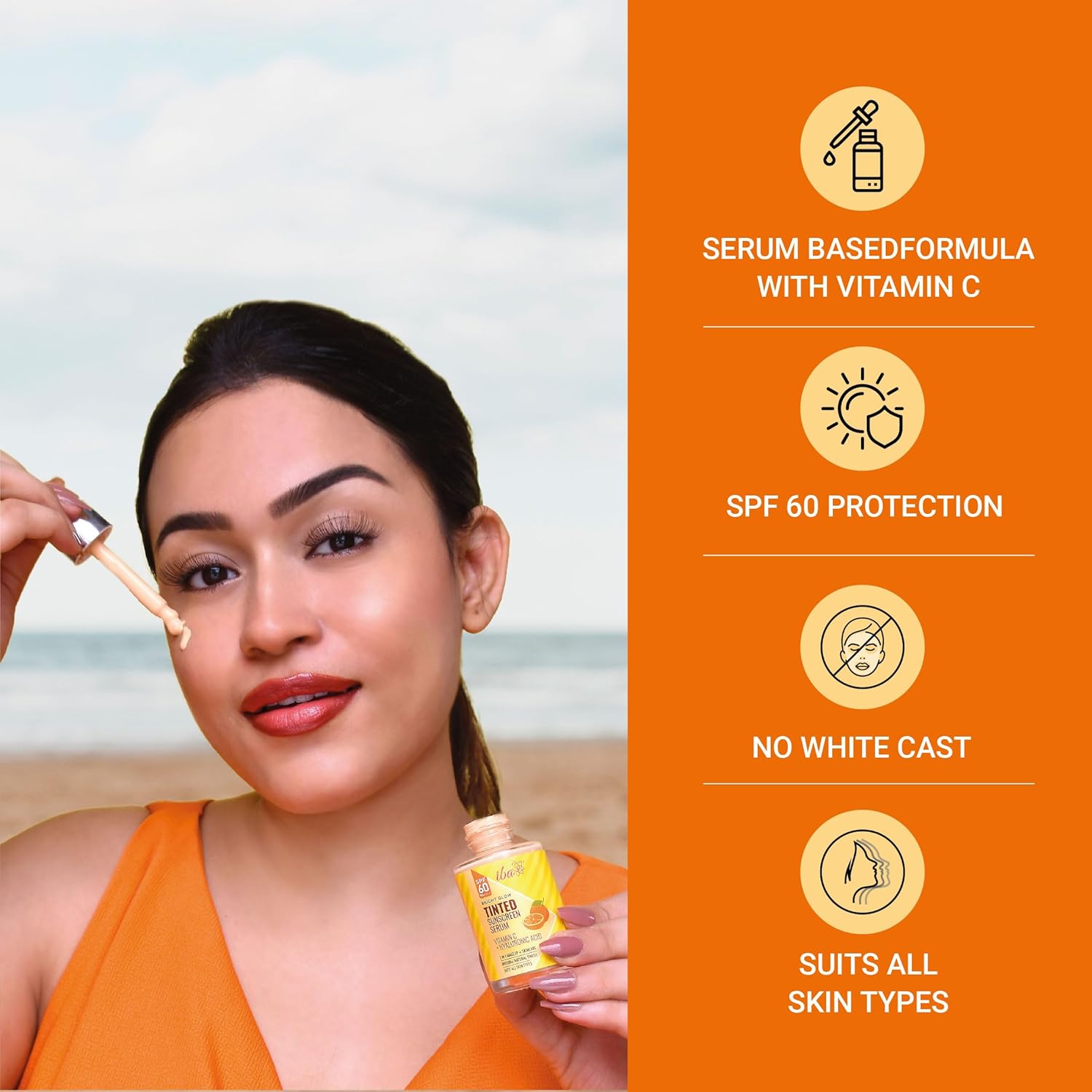 Iba Bright Glow Tinted Sunscreen Serum for All Skin Types SPF 60 PA++++ with Hyaluronic Acid & Vitamin C, 30ml