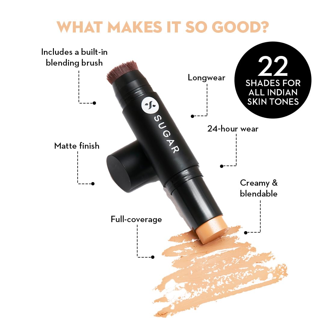 SUGAR Cosmetics Ace Of Face Foundation Stick with In-Built Brush | Full Coverage Cream Foundation for Indian Skin | Matte Finish | Lasts 24 Hours | 12gm - 07 Vanilla Latte