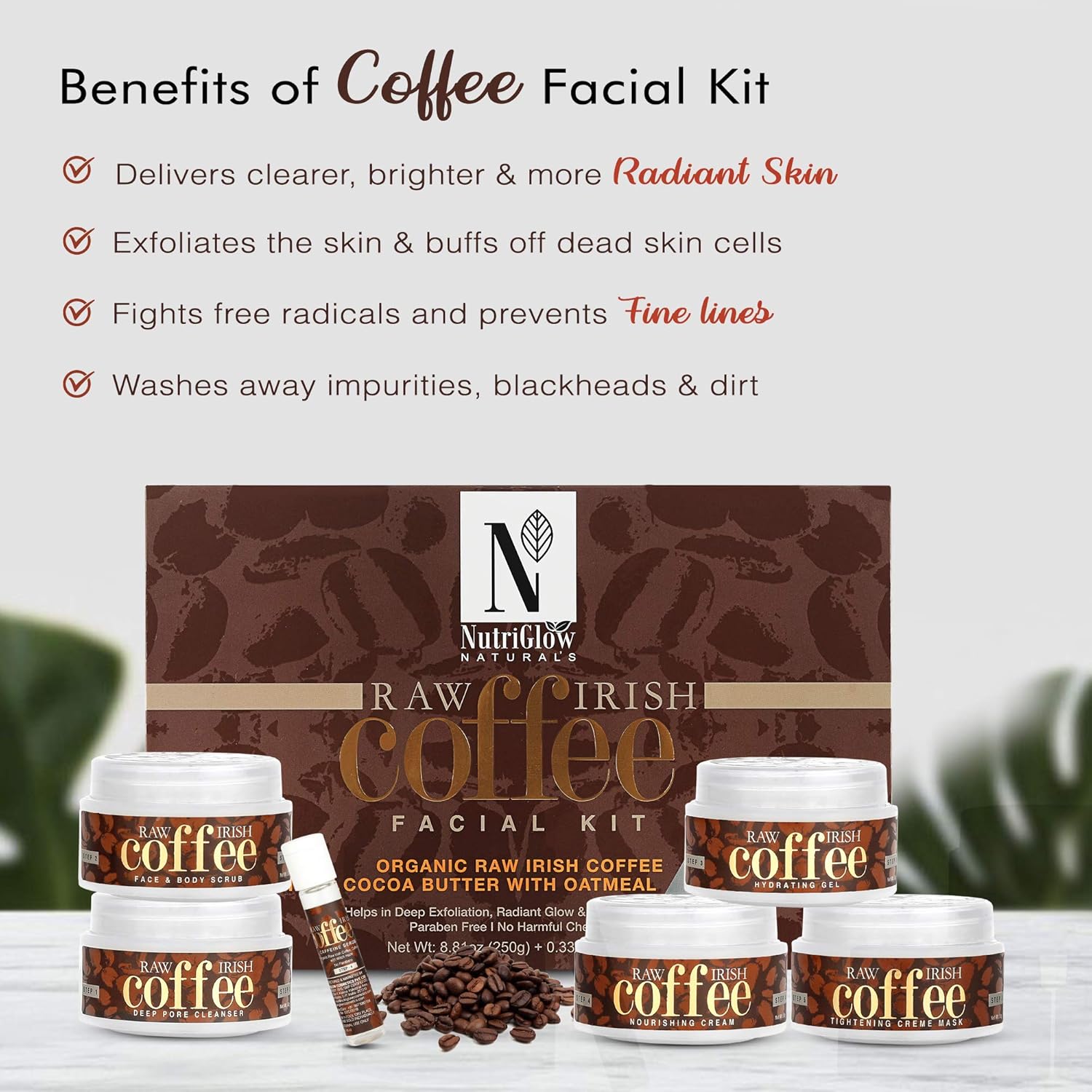 NutriGlow Natural’s Raw Irish Coffee Facial Kit with Grounded Coffee for Brighter Skin, (250g+10ml)