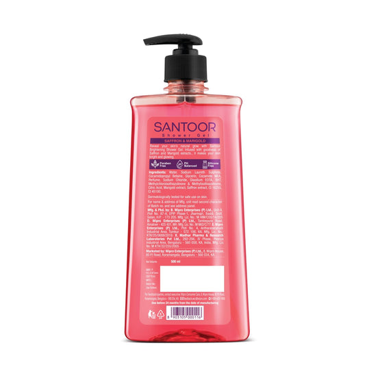 Santoor Brightening Shower Gel With Natural Saffron & Marigold Extracts| For Men & Women| For Glowing Skin| Suitable For All Skin Types| No Parabens| No Silicones| 500ml