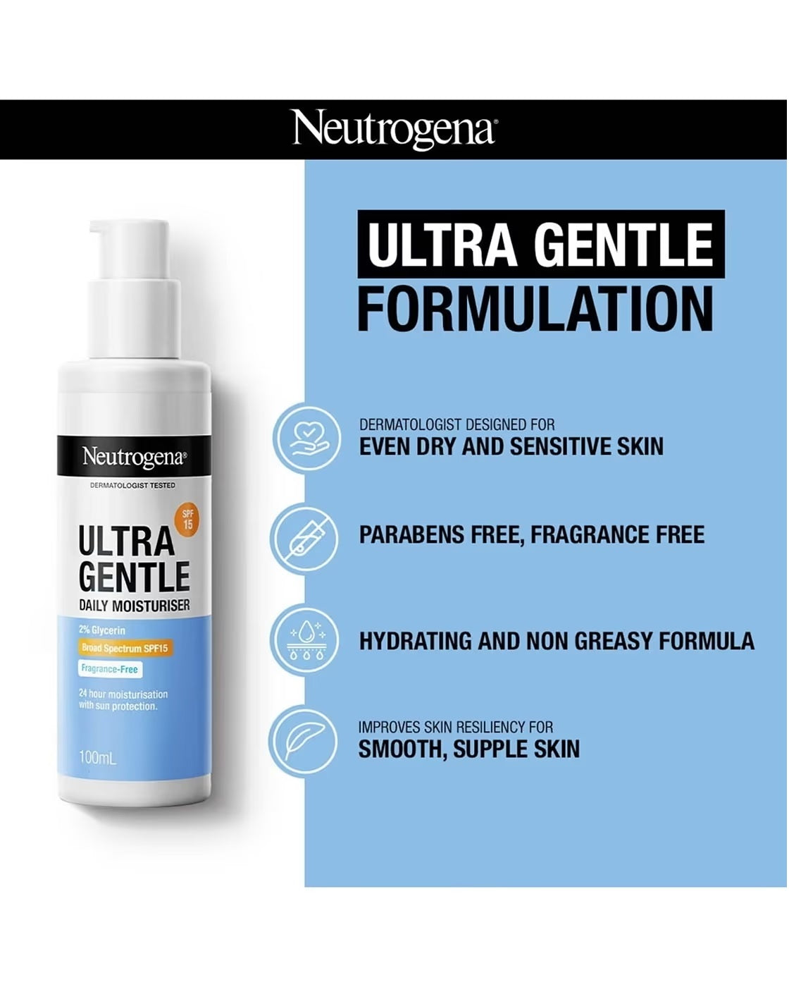 Neutrogena Ultra Gentle Daily Moisturiser SPF 15 | 24-Hour Hydration | Fragrance-Free | 100 ml