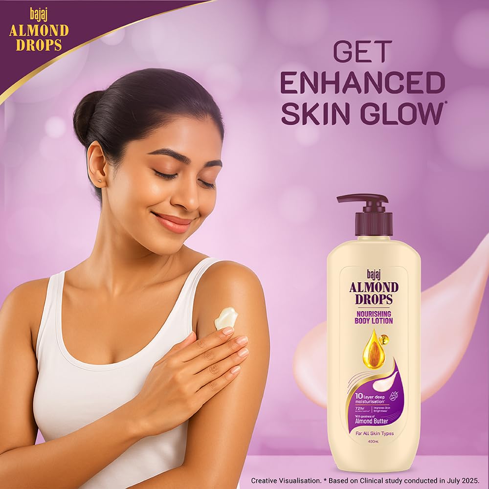 Bajaj Almond Drops Nourishing Body Lotion With Almond Butter | 72 Hr Moisture Retention | Enhances Skin Glow | Improves Skin Barrier | For All Skin Types | 400 ML