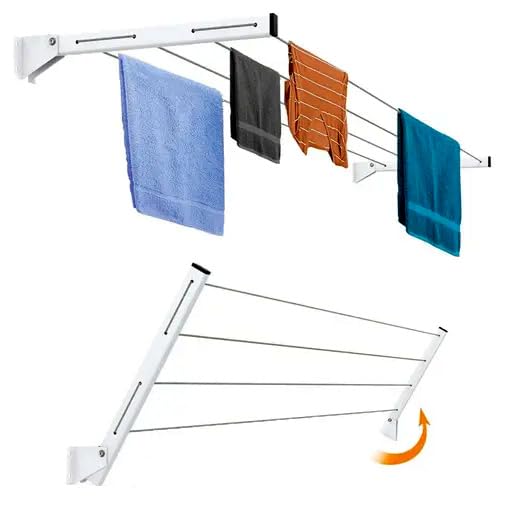 ERHETUS Heavy Duty Wall Mount Cloth Drying Stand | Foldable & Collapsible Cloth Dryer Hanger | Metal Clothes Dry Rack for Home, Balcony, Indoor, Outdoor with 40 Feet Rope and Fasteners (4 Tier)