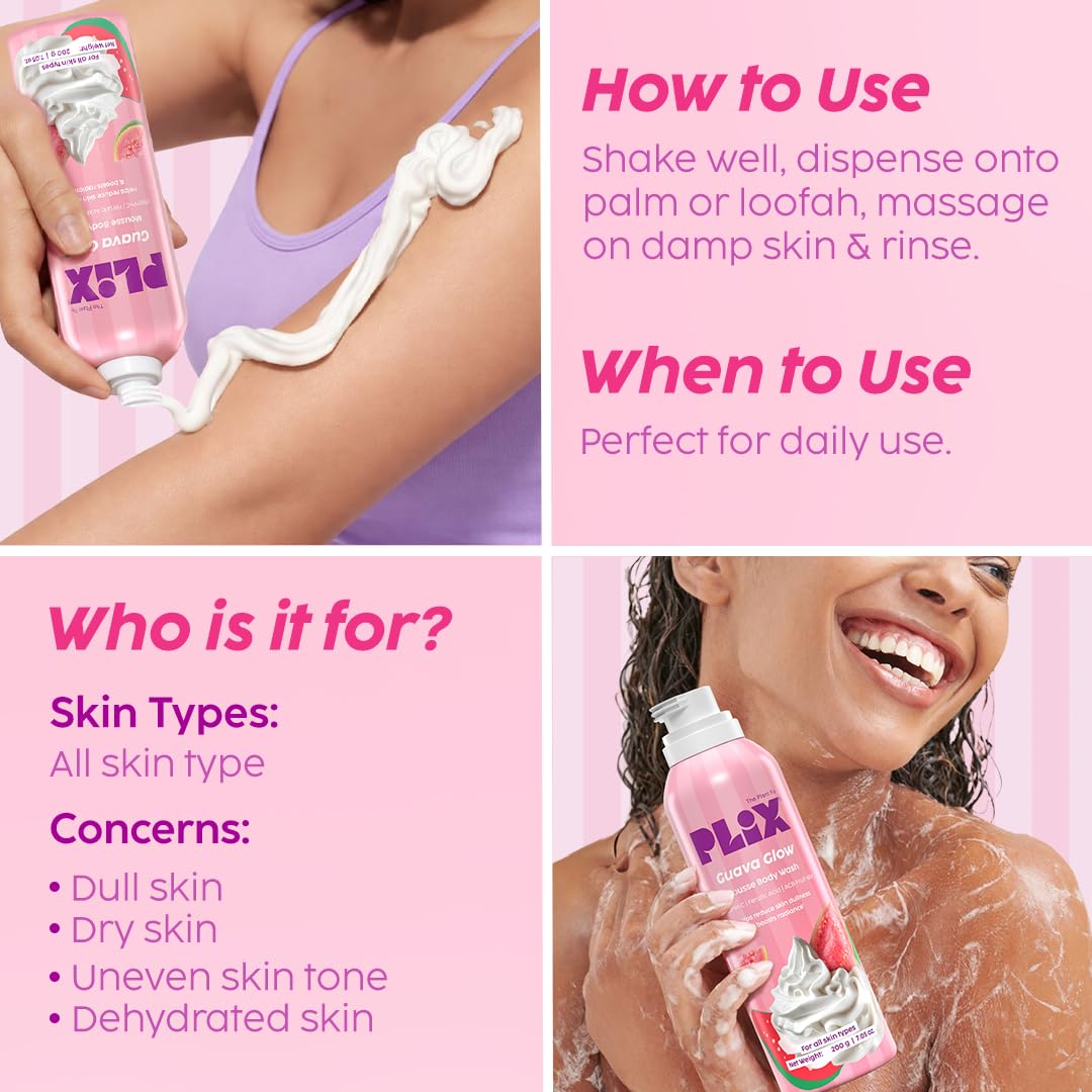 PLIX THE PLANT FIX Guava Mousse Body Wash | Whipped Foaming Cleanser for Glowy, Hydrated & Smooth Skin | Brightening with Vitamin C & Ferulic Acid | Gentle Exfoliation | Lightweight Texture | For Men & Women