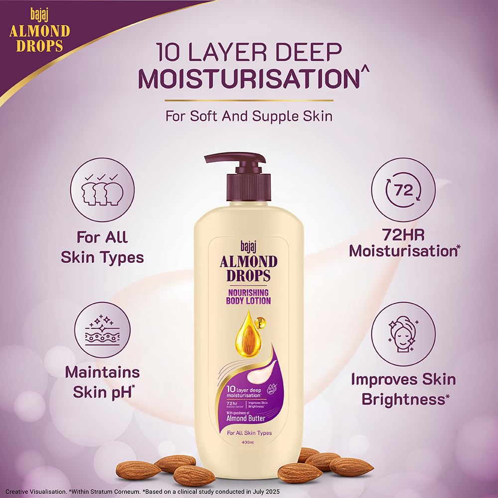 Bajaj Almond Drops Nourishing Body Lotion With Almond Butter | 72 Hr Moisture Retention | Enhances Skin Glow | Improves Skin Barrier | For All Skin Types | 400 ML