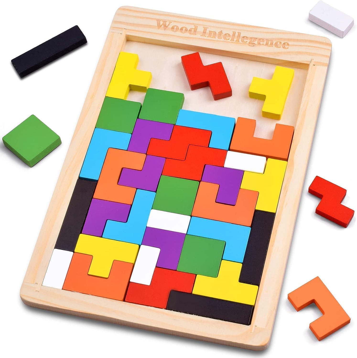 Wooden Intelligence Puzzle Game with Colorful Blocks, Brain Teaser Shape Matching Toy for Kids