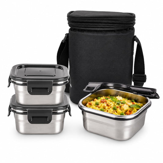 Stainless Steel Lunch Box Set with Insulated Thermal Bag and SS-Spoon | Set of 3 Containers (400 ml Each) | Square | Leakproof | Airtight Lids | BPA-Free |Tiffin Box for Office, School & Travel
