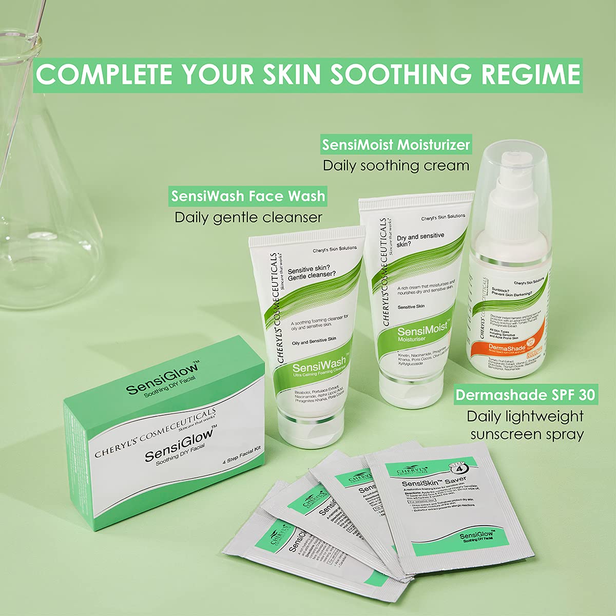 Cheryl’s Cosmeceuticals SensiGlow 1 Pack Skin Soothing 4-step Easy DIY Anti -Irritant Facial Kit for Sensitive Skin for Women and Men, 17 gm