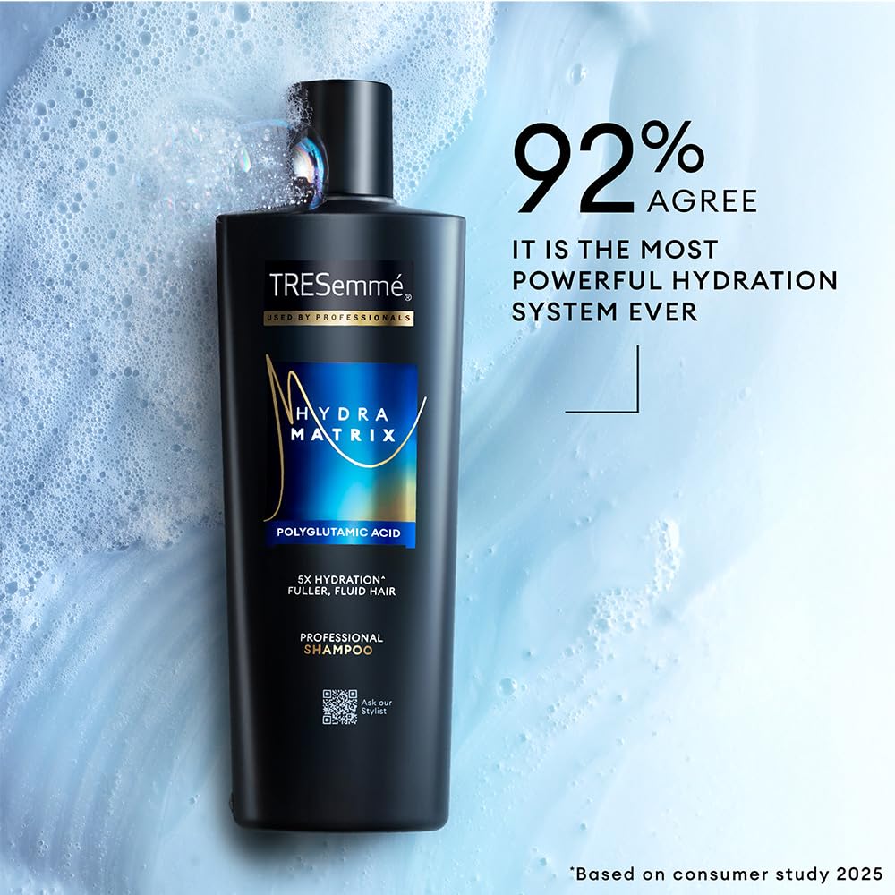 TRESemme Hydra Matrix Hydrating Shampoo 340ml with Polyglutamic Acid for 100H of Fluid Hair | Paraben Free Shampoo for Dry Hair & Scalp | Hard Water Detox