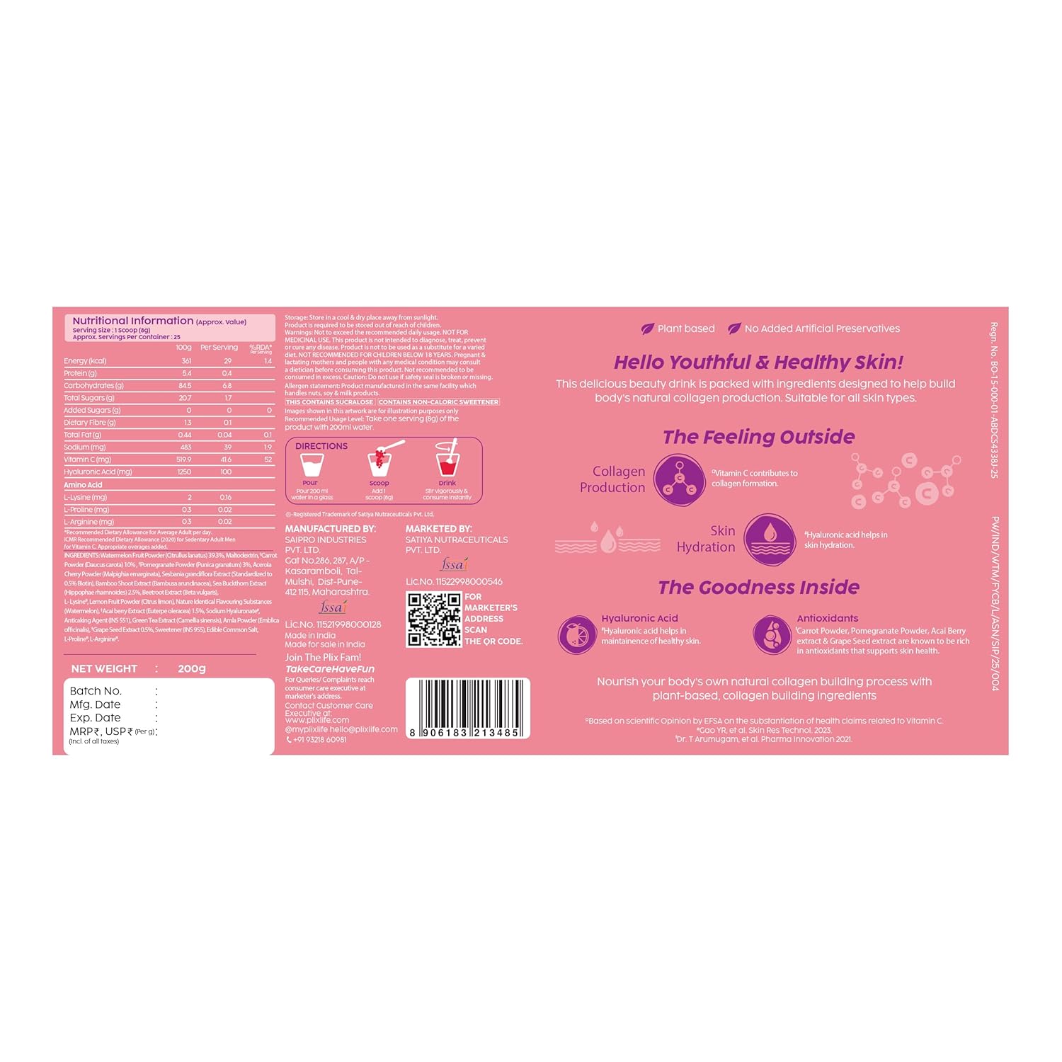 PLIX – THE PLANT FIX | Collagen Booster Powder to Support Healthy Skin | Supports Collagen Production, Antioxidants & Skin Health | Vitamin C, Hyaluronic Acid & Superfood Blend, Watermelon (200 g)