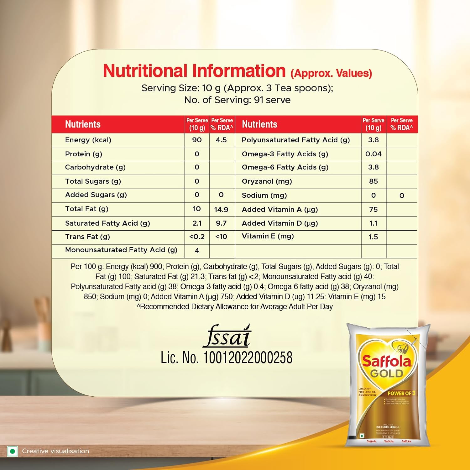 Saffola Gold Refined Cooking oil | Power of 3 - Balance of Good Fats, Triple Anti-Oxidant System & Fortified with Vitamins | Multi-Source Edible Rice Bran & Sunflower Oil | 1 Litre Pouch