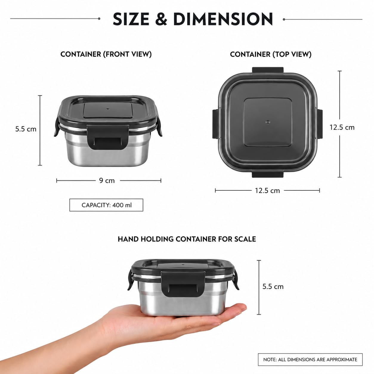 Stainless Steel Lunch Box Set with Insulated Thermal Bag and SS-Spoon | Set of 3 Containers (400 ml Each) | Square | Leakproof | Airtight Lids | BPA-Free |Tiffin Box for Office, School & Travel
