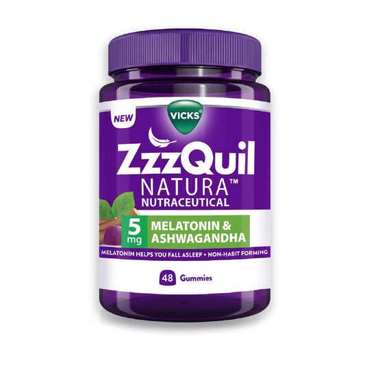 Vicks ZzzQuil Natura Sleep Gummies (Pack of 48) 5mg Melatonin with 50mg Natural Ashwagandha, Helps You Fall Asleep, Non-Habit Forming, Strawberry Flavor, 100% Vegetarian, Sealed Jar
