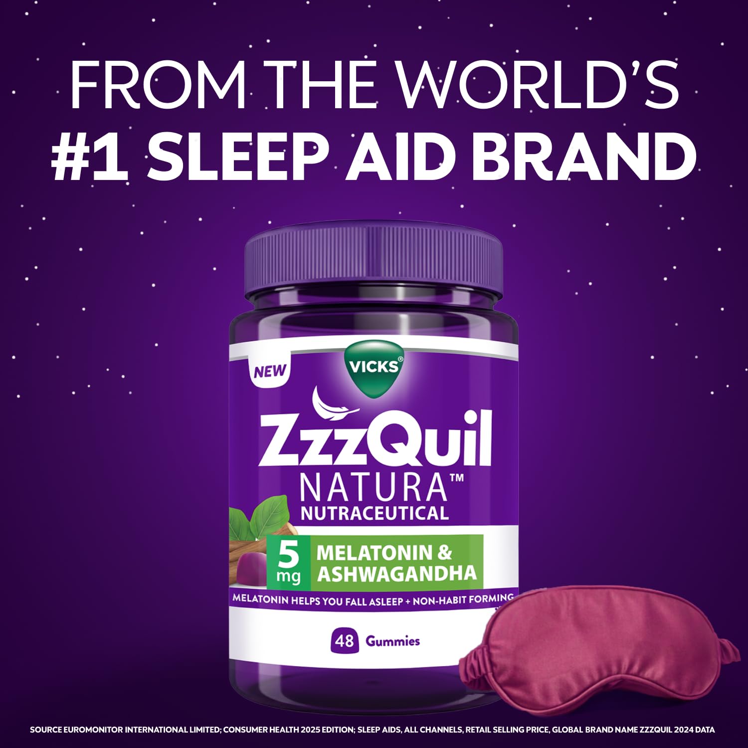 Vicks ZzzQuil Natura Sleep Gummies (Pack of 48) 5mg Melatonin with 50mg Natural Ashwagandha, Helps You Fall Asleep, Non-Habit Forming, Strawberry Flavor, 100% Vegetarian, Sealed Jar