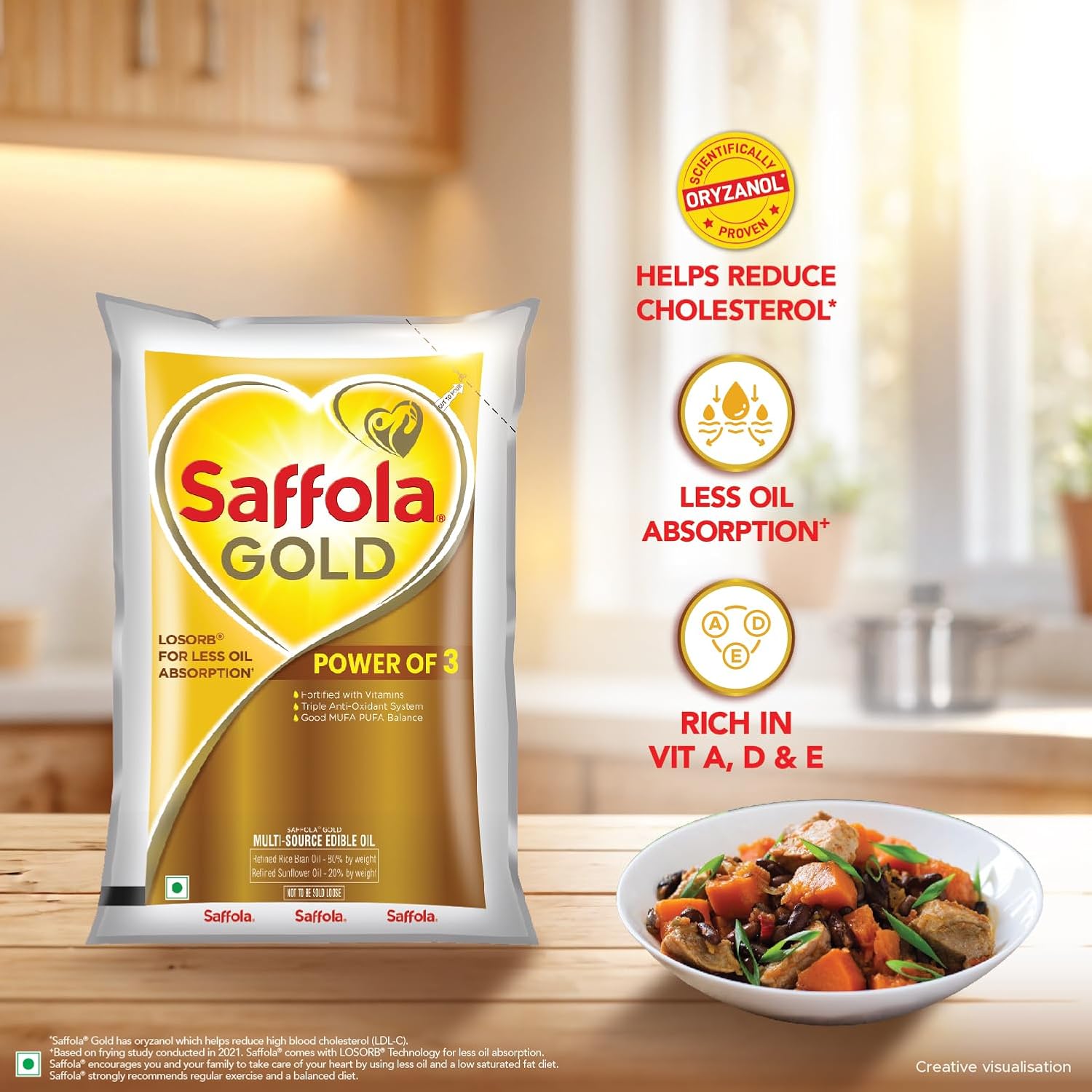 Saffola Gold Refined Cooking oil | Power of 3 - Balance of Good Fats, Triple Anti-Oxidant System & Fortified with Vitamins | Multi-Source Edible Rice Bran & Sunflower Oil | 1 Litre Pouch