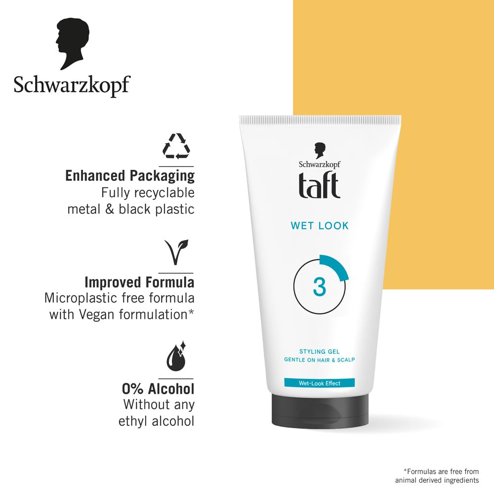 Schwarzkopf Taft Wet Hair Gel, 24-hour wet look effect, Extra Hold 3 with no stickiness