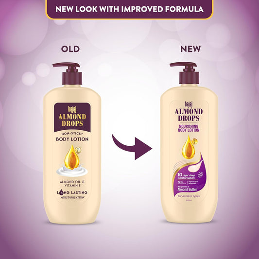 Bajaj Almond Drops Nourishing Body Lotion With Almond Butter | 72 Hr Moisture Retention | Enhances Skin Glow | Improves Skin Barrier | For All Skin Types | 600 ML